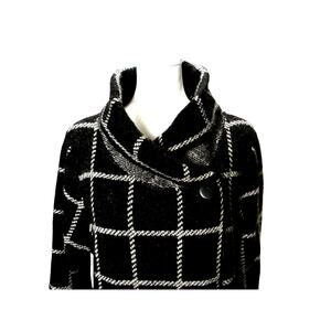 Tahari Wool Blend Cardigan Coat Black White Windowpane Longline‎ Open Front 1X